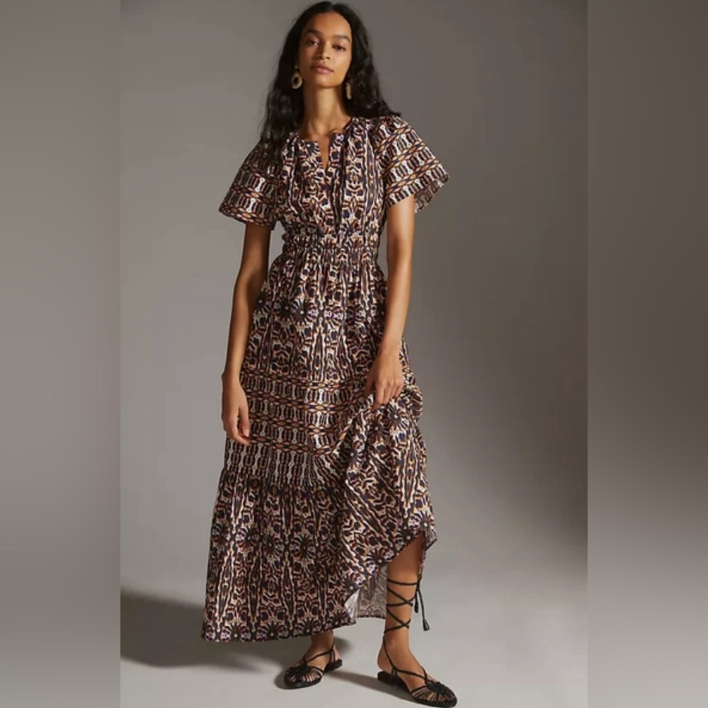 Anthropologie Maeve Somerset Brown, Blue and Orange Printed Maxi Dress